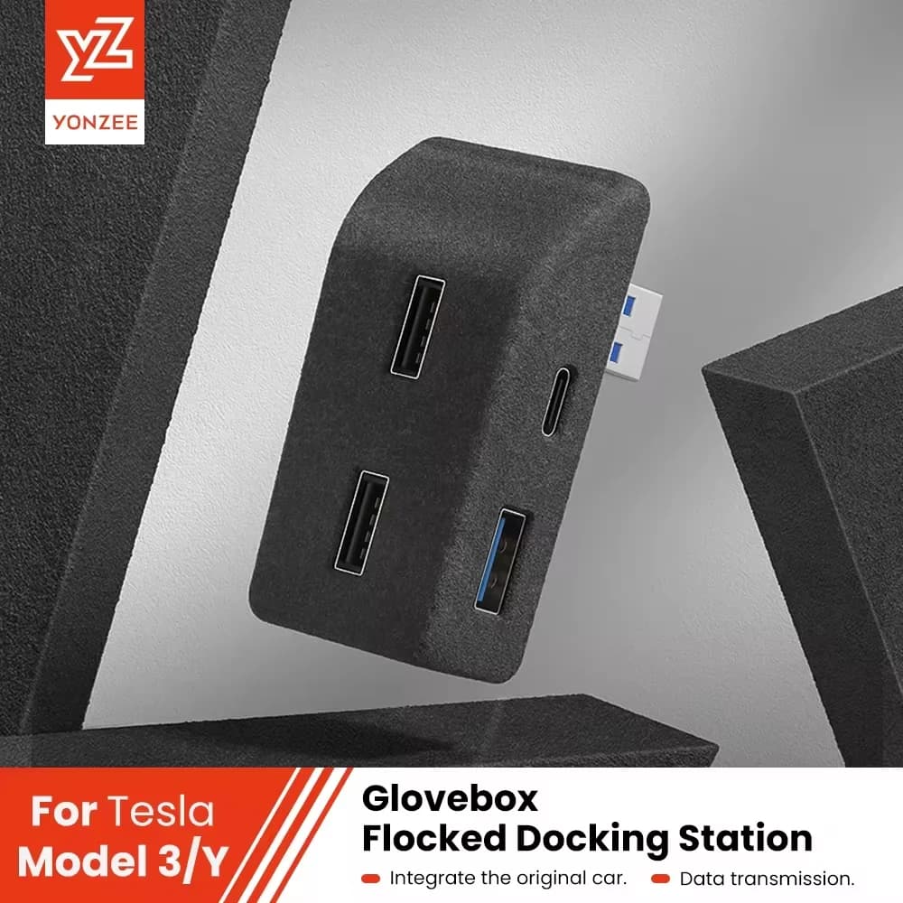 Estación de acoplamiento de guantera YZ para Tesla Model 3 Y Juniper Highland, Cochegador rápido, 4 concentrador de derivación USB, adaptador de flocado, divisor alimentado