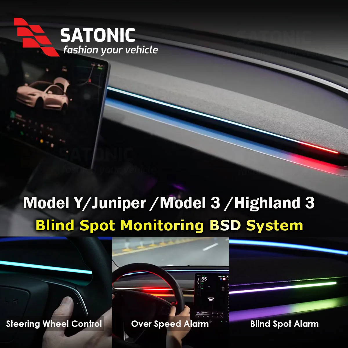 SATONIC V3.0 Sistema de detección de punto ciego con luz ambiental para Tesla Model Y Model 3 Highland 2026 Y Juniper Center Console BSD
