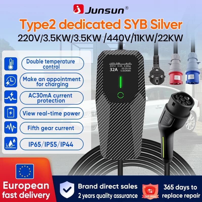 Junsun Wallbox Cochegador EV Tipo 2 3.5KW 7kw 11kw 22kw 6A to 32A IP65 Portátil Cochega Rápida con Cable Tipo 2 para Tesla Model 3 Model Y Coche Eléctrico Programable Cochega Programada Cochegador Coche