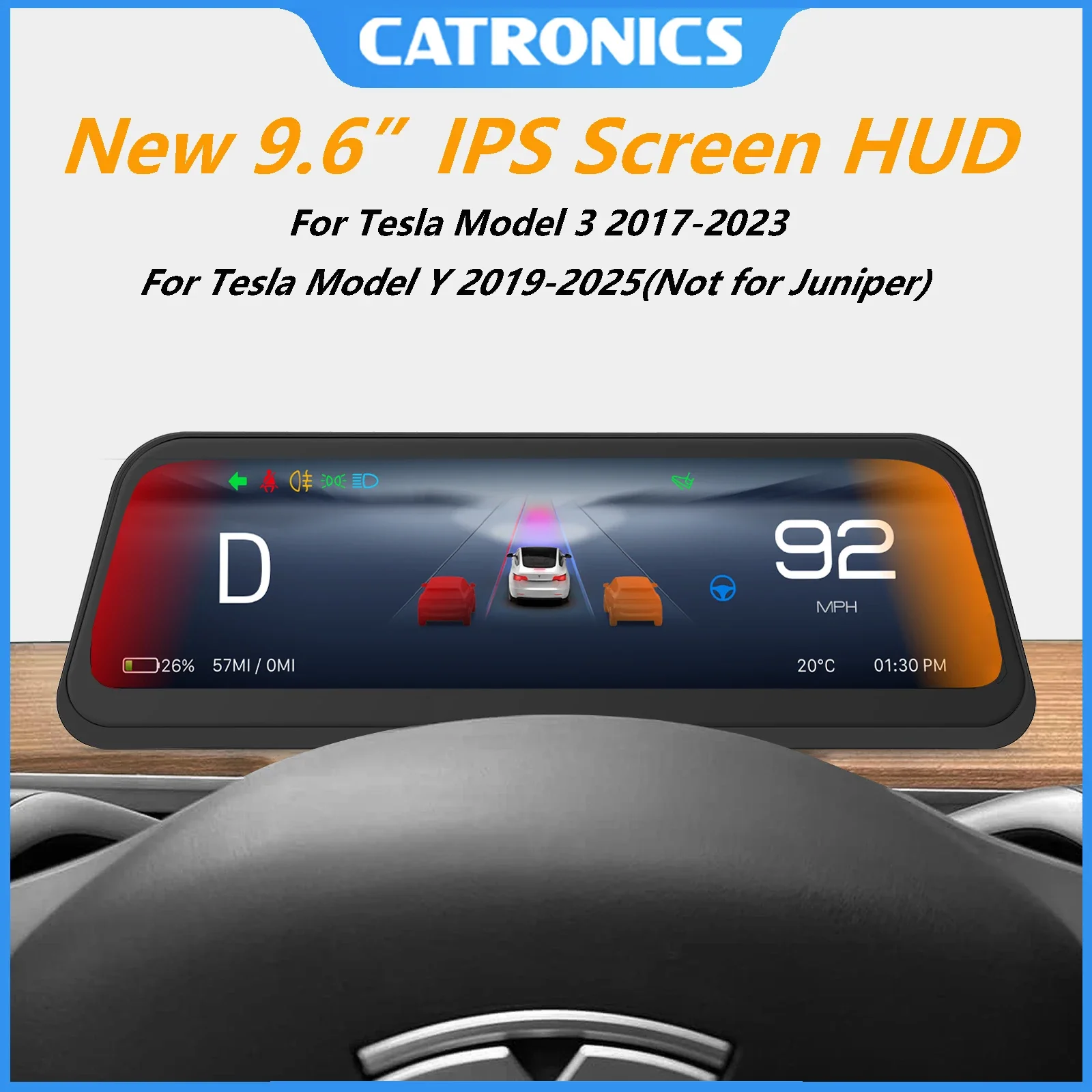 NUEVO CATRONICS 2025 Pantalla Head-Up Display de 9.6 Pulgadas para Tesla HUD para Model 3 2017-2023 Y 2019-2025 Fácil Instalación Cocheplay Android AUTO