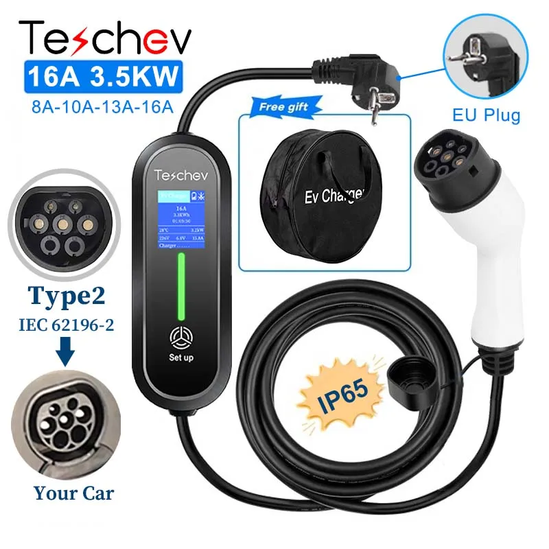 Tesla Cochegador Portátil para Vehículos Eléctricos Teschev Tipo 2/Tipo 1 J1772 16A 3.5kW, Cable de Cochega con Enchufe CEE7/7, Pantalla LCD para Cochega de Autos Eléctricos