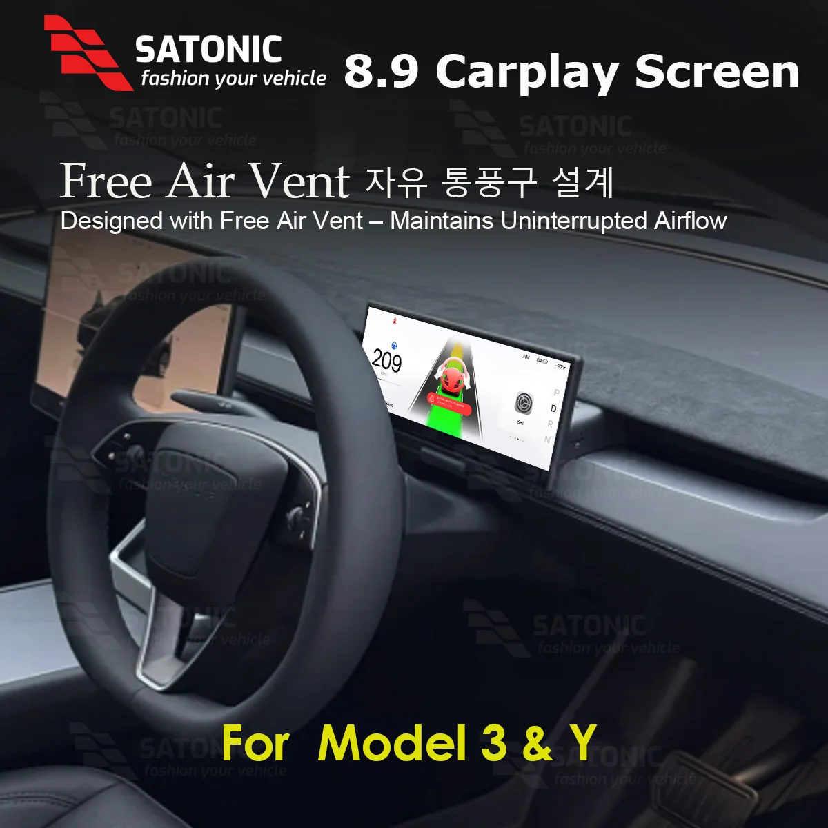 SATONIC - Panel de Instrumentos Digital de 8.9'' con Cocheplay para Tesla Model 3 y Y, Compatible con Rejilla de Ventilación, Cámara Frontal Incluida