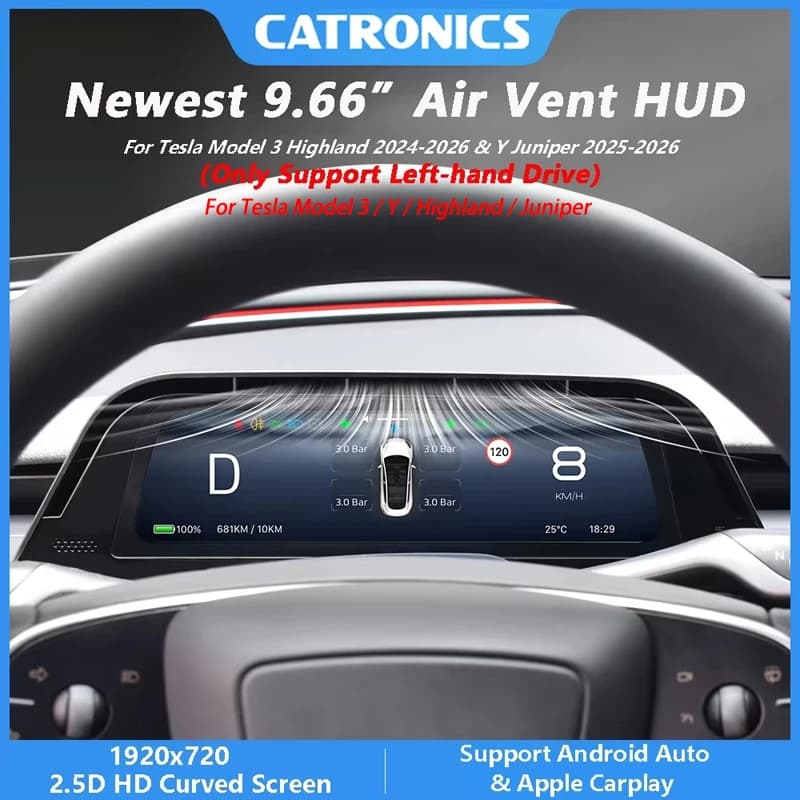 CATRONICS Nuevo HUD de 9.6 Pulgadas con Salida de Aire para Tesla Model 3 Highland 2024-2026 y Model Y Juniper 2025-2026 Compatible con Cocheplay y Android AUTO