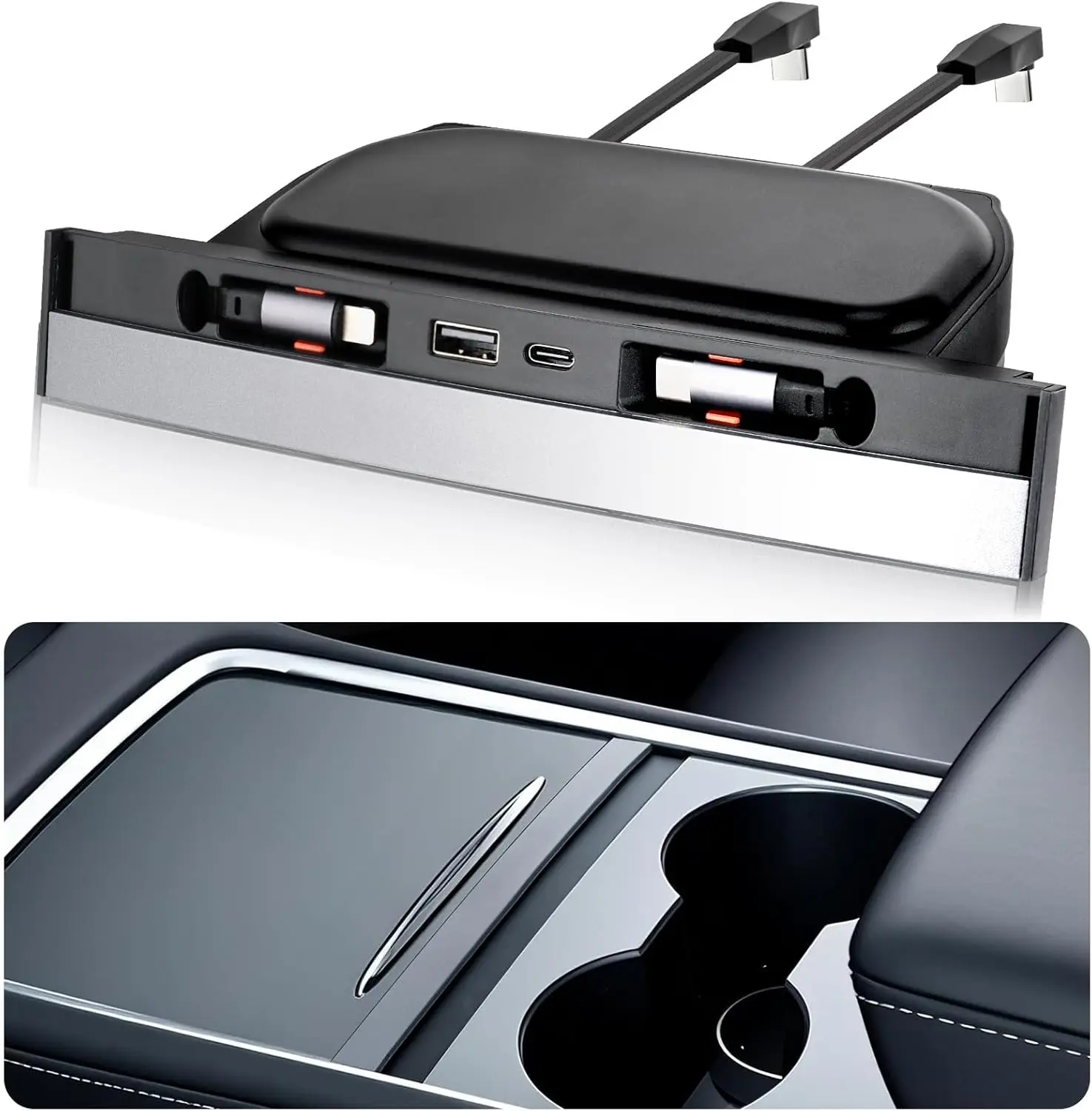 Hub USB para Tesla Model Y 2020-2024 y Model 3 2020-2023 con Cubierta Deslizante, Múltiples Puertos, Cochegador Rápido con Cables Retráctiles, Resistente al Agua