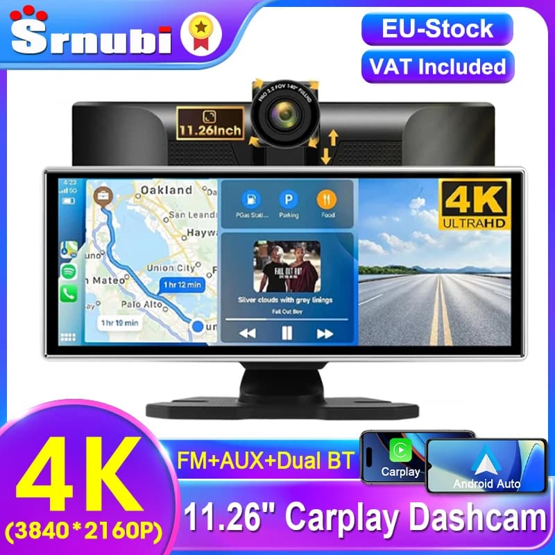 Tesla Srnubi 11,26 "cámara de salpicadero retrovisor Cocheplay Android Auto 4K DVR reproductor de navegación grabadora de doble lente tablero WIFI BT AUX GPS FM