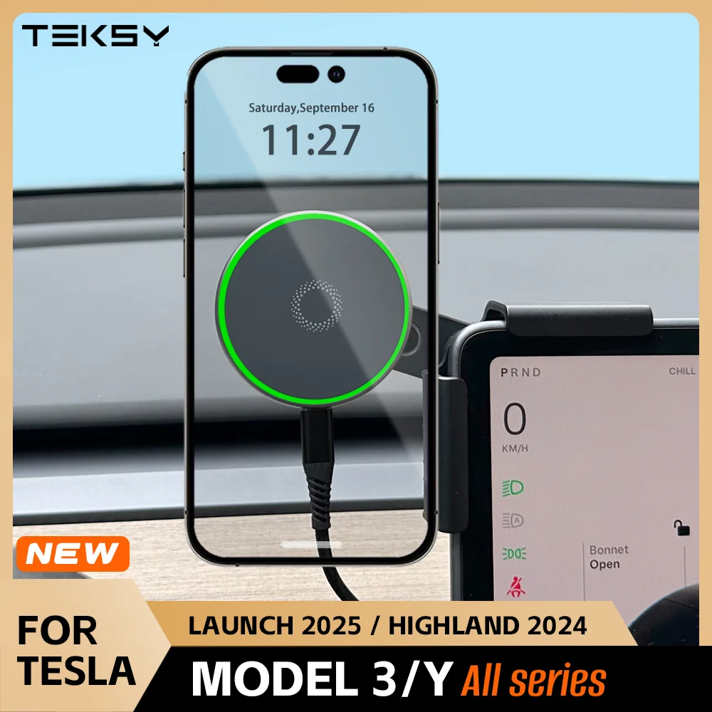 Soporte Magnético para Teléfono de Coche con Cochegador Inalámbrico de 15W Compatible con MagSafe para Tesla Model Y 2026 Launch Model 3 HIGHLAND BYD