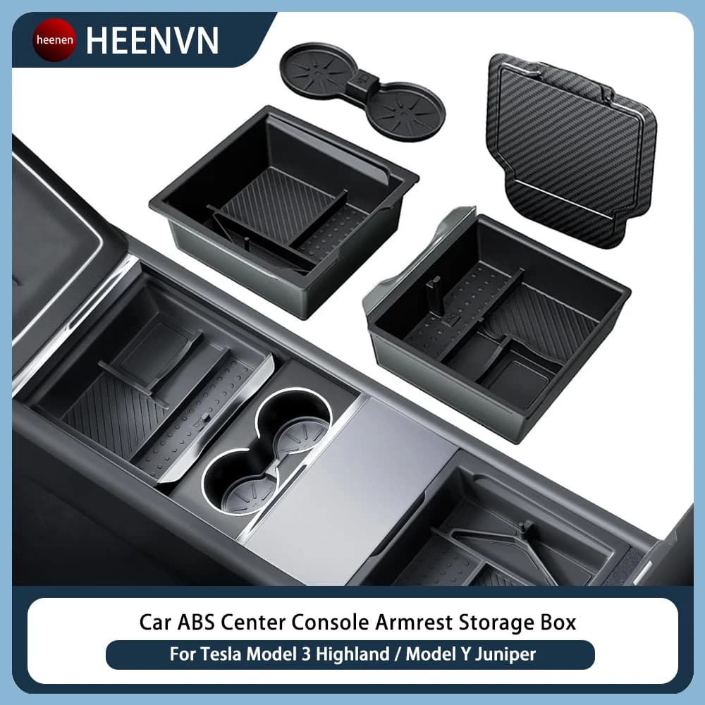 Caja de Almacenamiento para Consola de Tesla Model Y Juniper Launch 2026 2025 y Model 3 Highland 2024-2026, Organizador de ABS con Portavasos