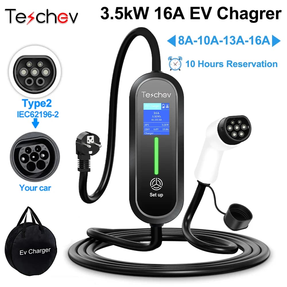 Tesla Teschev 220V 230V 16A Cochegador EV portátil tipo 2 Cable de Cochega IEC62196-2 Cable de caja de pared enchufe Schuko para coche eléctrico