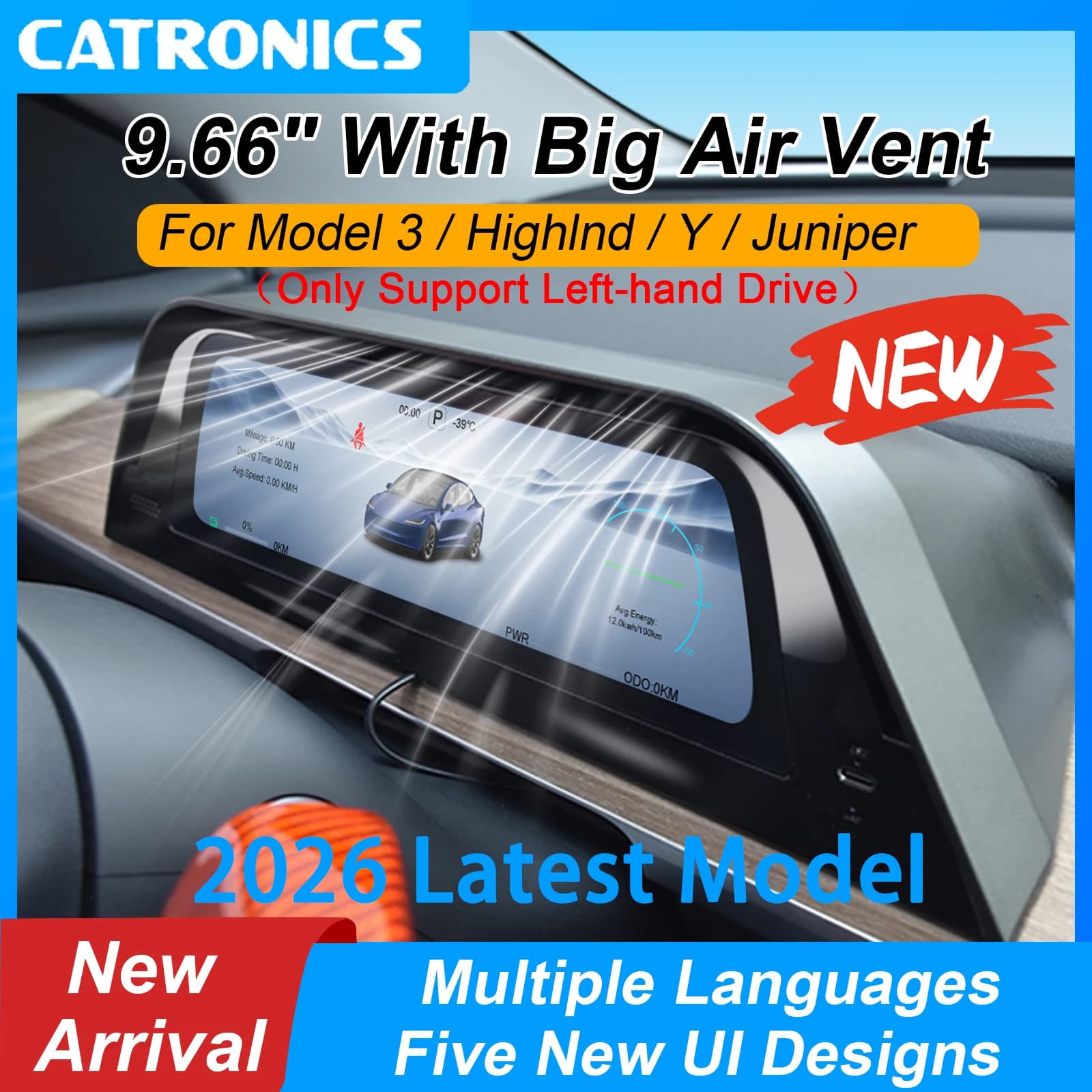 Pantalla de Ventilación de Aire de 9.6 Pulgadas para Tesla, Compatible con Model 3 Highland 2024-2026 y Y Juniper 2025-2026, Nuevo HUD Compatible con Cocheplay Multilingüe