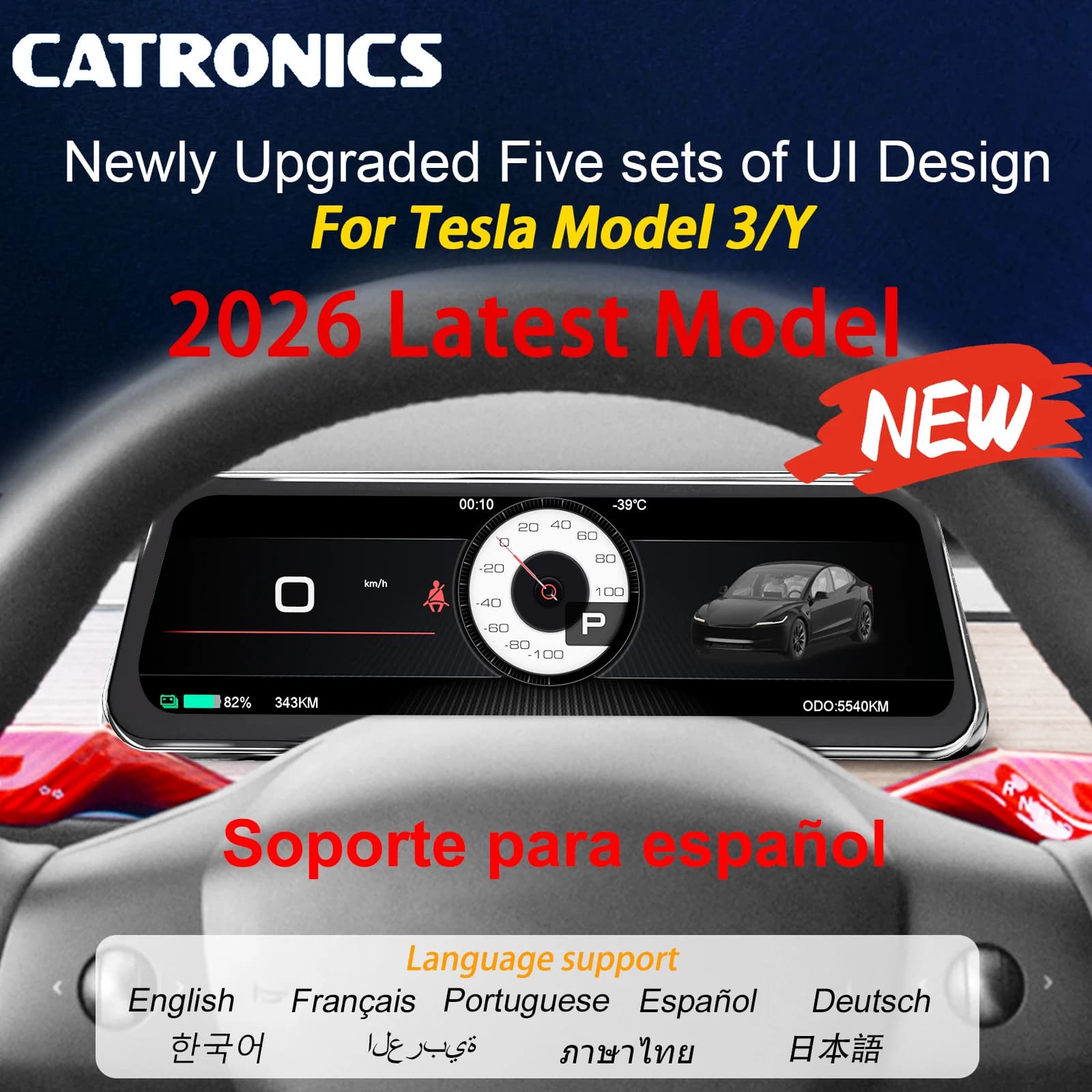 HUD 2026 más reciente de 9.6 pulgadas para Tesla Model 3 2017-2023 y Y 2019-2024, pantalla de visualización frontal con múltiples idiomas, Cocheplay, Android Auto, actualización OTA
