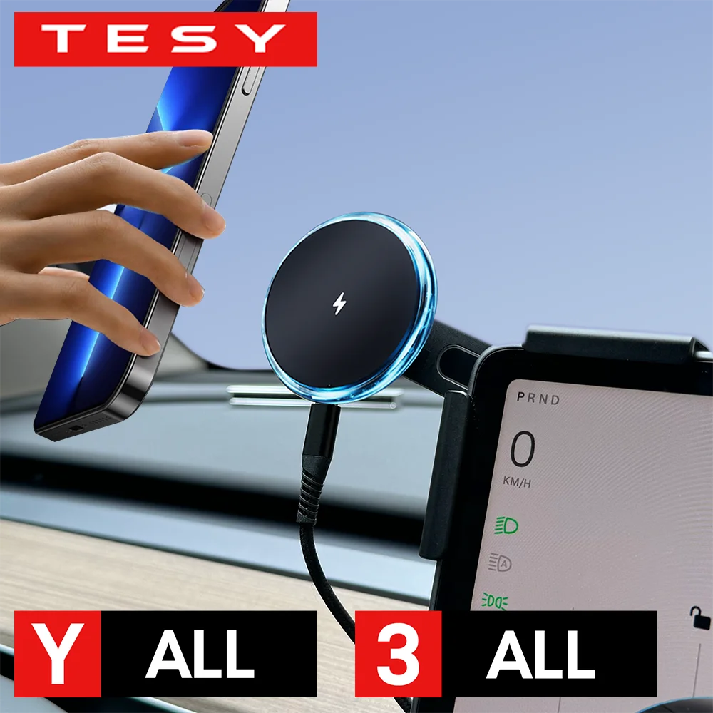 Soporte Magnético Inalámbrico con Luz Azul TESY para Teléfono, Compatible con MagSafe para Tesla Model Y 3 S X Juniper