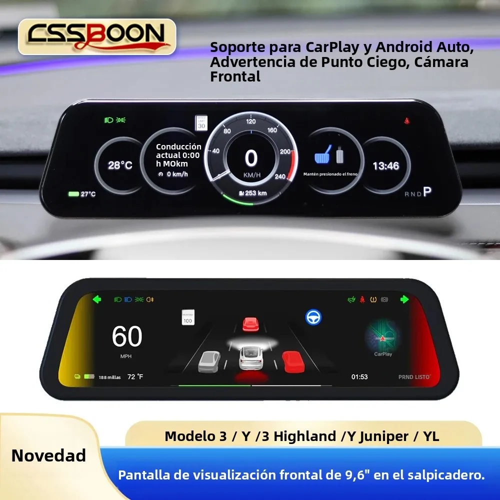 CSSBOON para Tesla Model 3/Y, Pantalla HUD de 9.6 Pulgadas para el Tablero, Compatible con Cocheplay y Android Auto, Navegación para Automóvil, Pantalla Digital