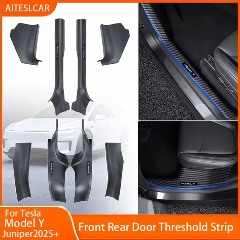 Protectores de alféizar de puerta delantera y trasera para Tesla Model Y Juniper 2025 + ABS, cubierta protectora interior, placa embellecedora, Pedal de bienvenida de parachoques antisuciedad