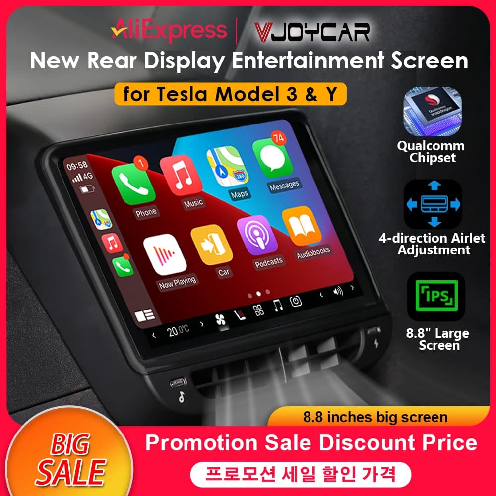 VJOYCoche, lo más nuevo, pantalla trasera 4K HD de 8,8 pulgadas para Tesla Model Y 3, pantalla de entretenimiento WIFI, Chip Qualcomm, ajuste de avión de 4 direcciones