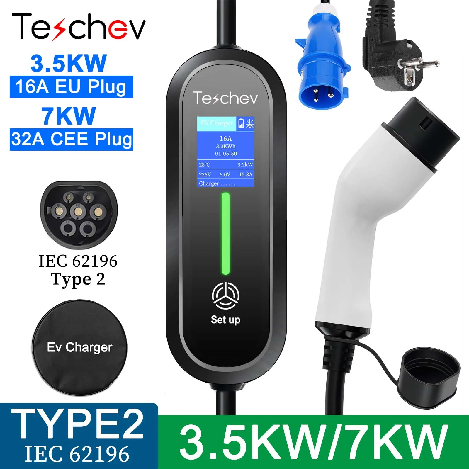 Tesla Cochegador Portátil Teschev de 3.5kW Tipo 2 para Vehículos Eléctricos, Cable de Cochega de 7KW IEC62196-2 EVSE, Cochegador de Pared para Coche Eléctrico