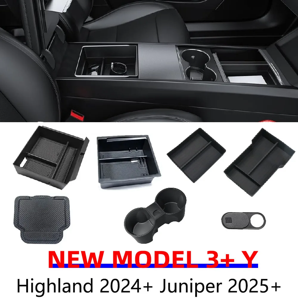 Para Tesla Model Y Juniper 2025 Model 3 consola central de las tierras altas reposabrazos caja de almacenamiento oculta portavasos accesorios organizadores de coche
