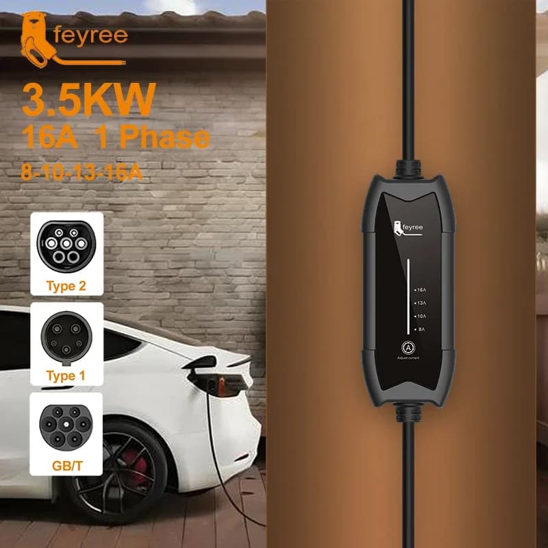 Tesla Cochegador Feyree para Vehículos Eléctricos Tipo 2, 16A, 3.5KW, Monofásico, GB/T / Tipo 1, Corriente Ajustable, Cable de 3.5m, Caja de Cochega Portátil