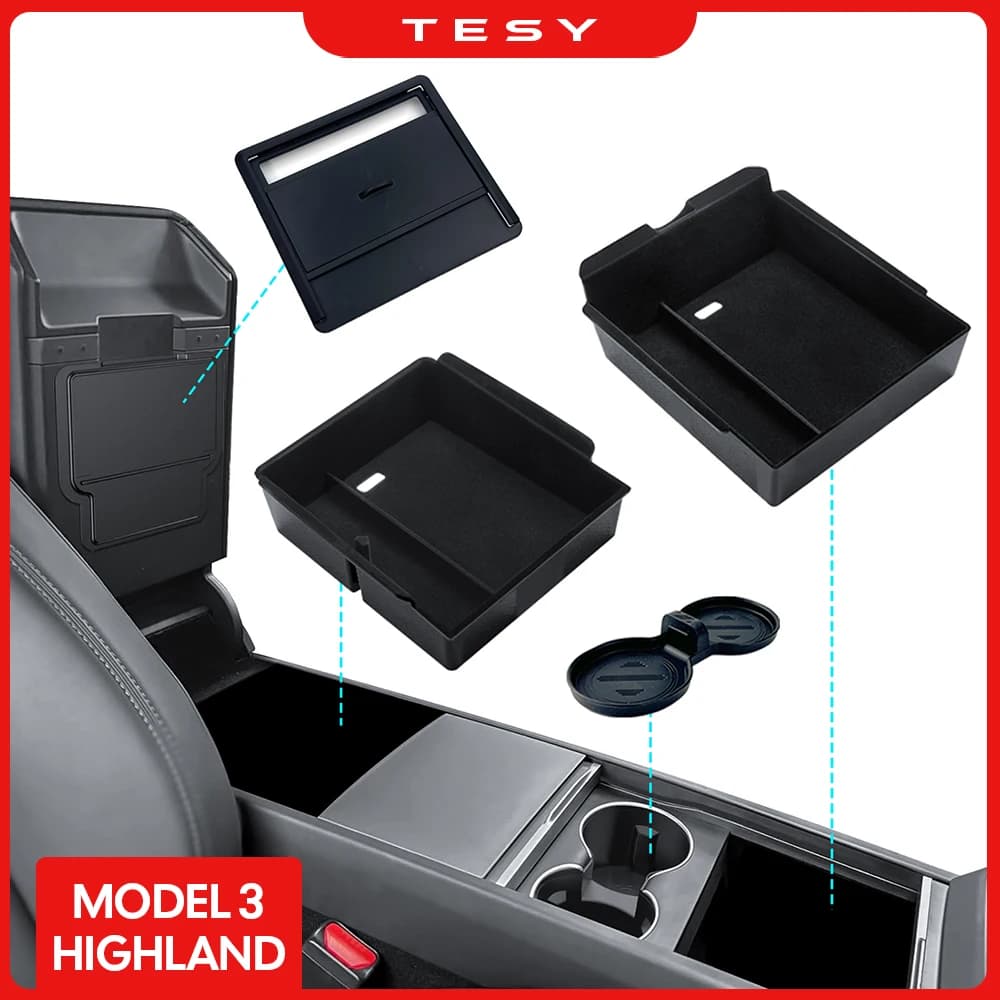 Reposabrazos para consola Tesla Model 3 Highland 2024, caja de almacenamiento, organizador Interior, almohadilla de goma ABS o flocado