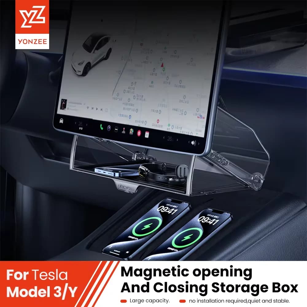 YZ Para Tesla Highland Model 3/Y/YL Juniper 2021-2026, Bandeja Magnética Debajo de la Pantalla, Caja de Almacenamiento Oculta, Caja Magnética Oculta para Pantalla