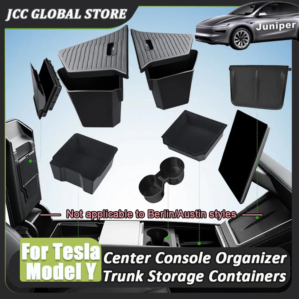 Caja de Almacenamiento Lateral para Maletero, Organizador de Consola Central, Caja de Almacenamiento Oculta, Portavasos y Tapete de Silicona para el Nuevo Tesla Model Y Juniper 2025
