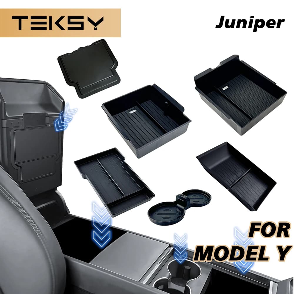 TEKSY 1/2/3/4/6/7/8 piezas para Tesla Nuevo Modelo Y 2025 2026 Juniper ABS con alfombrilla antideslizante de silicona para consola y caja de almacenamiento para reposabrazos
