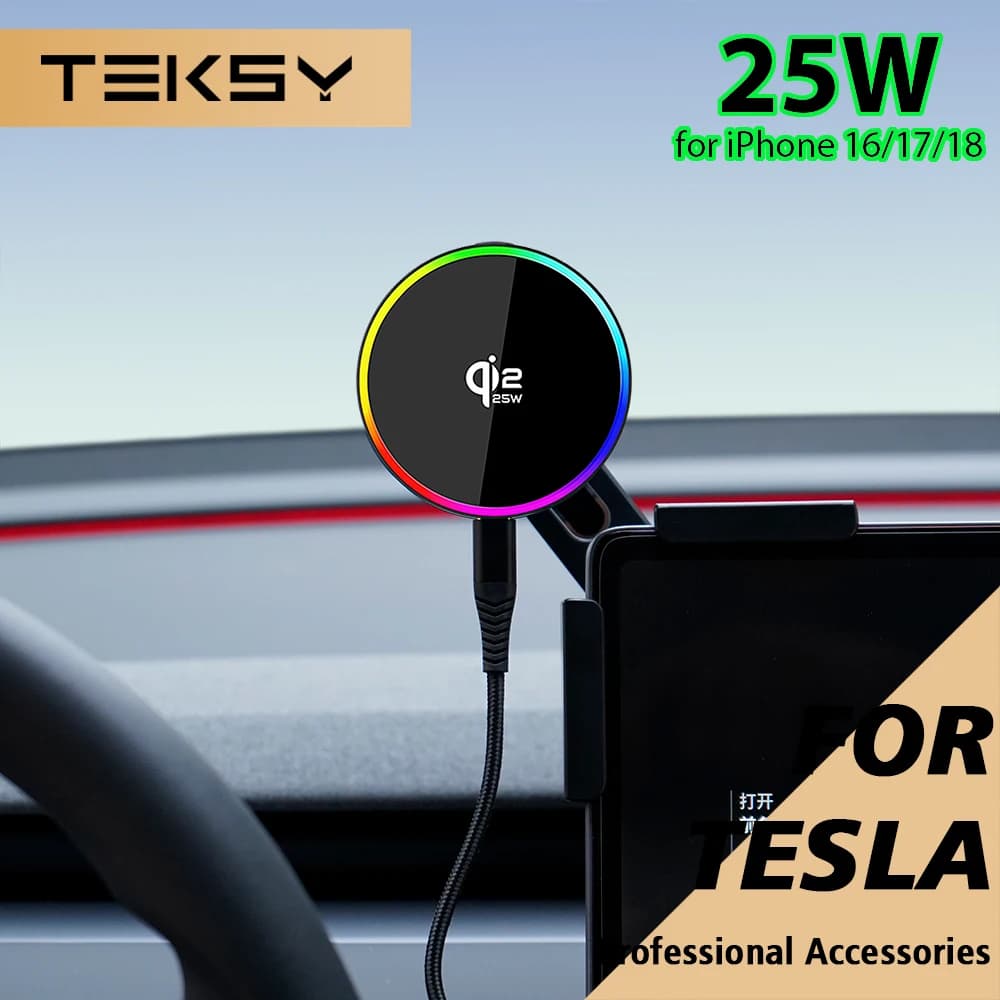 Soporte para teléfono de coche 15W 25W Qi2 compatible con Cochegador inalámbrico magnético MagSafe para Tesla Model Y Juniper 2026 Model 3 BYD
