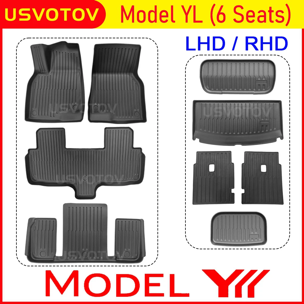 Alfombrillas para todo tipo de clima USVOTOV y revestimiento de Cochega para Tesla Model YL Y L (6 asientos) 2026, accesorios, alfombrillas para maletero, protectores de asientos traseros