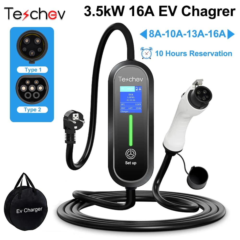 Tesla Teschev 3.5KW 16A Cochegador EV portátil Type2 caja de Cochega EVSE Cochegador de coche eléctrico J1772 Type1 Cochegador para vehículo eléctrico