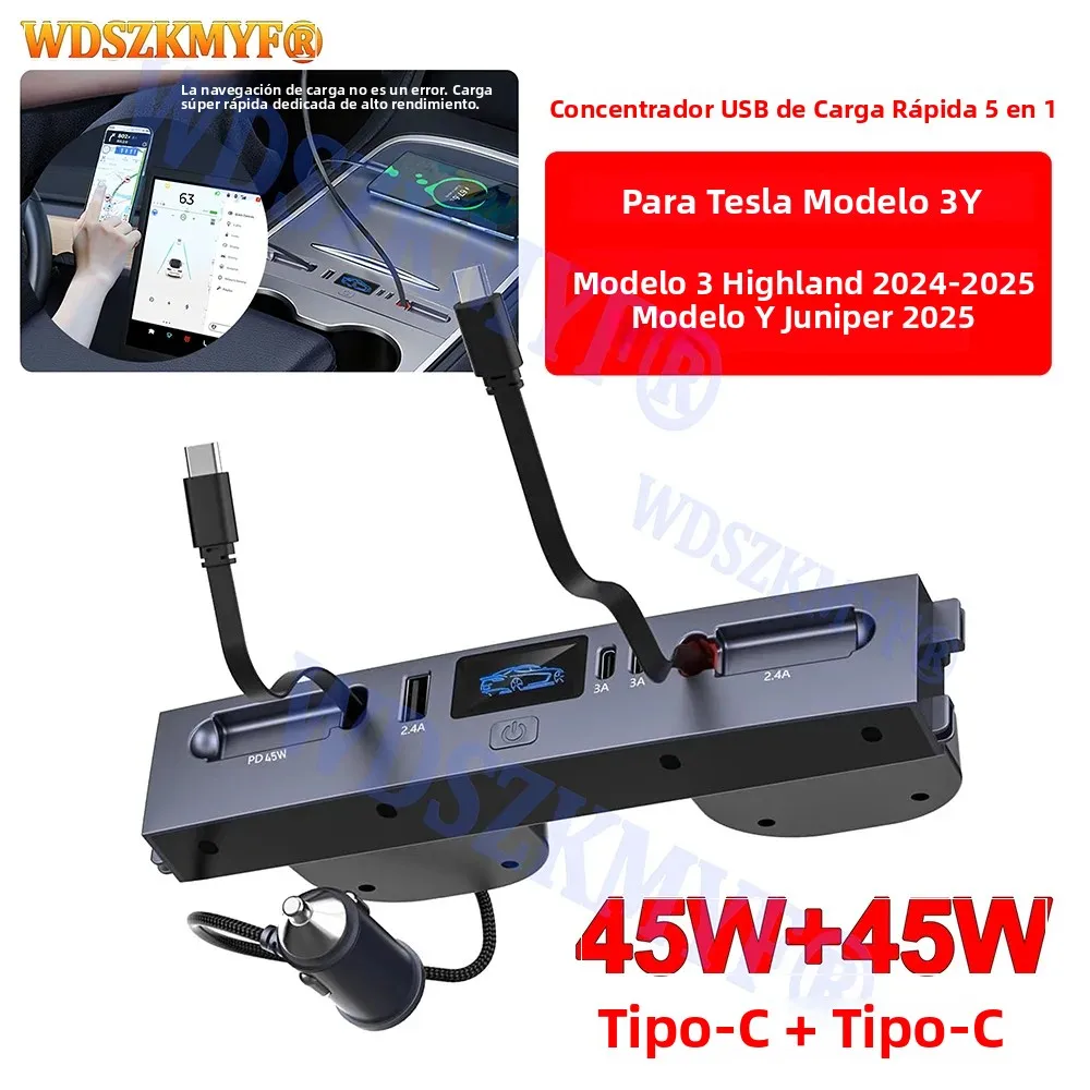 Para Tesla Nuevo Modelo Y Juniper 2025 Modelo 3 Highland 2024, Base de Expansión USB HUB Tipo-C de Cochega Rápida de 65W 45W para Consola Central