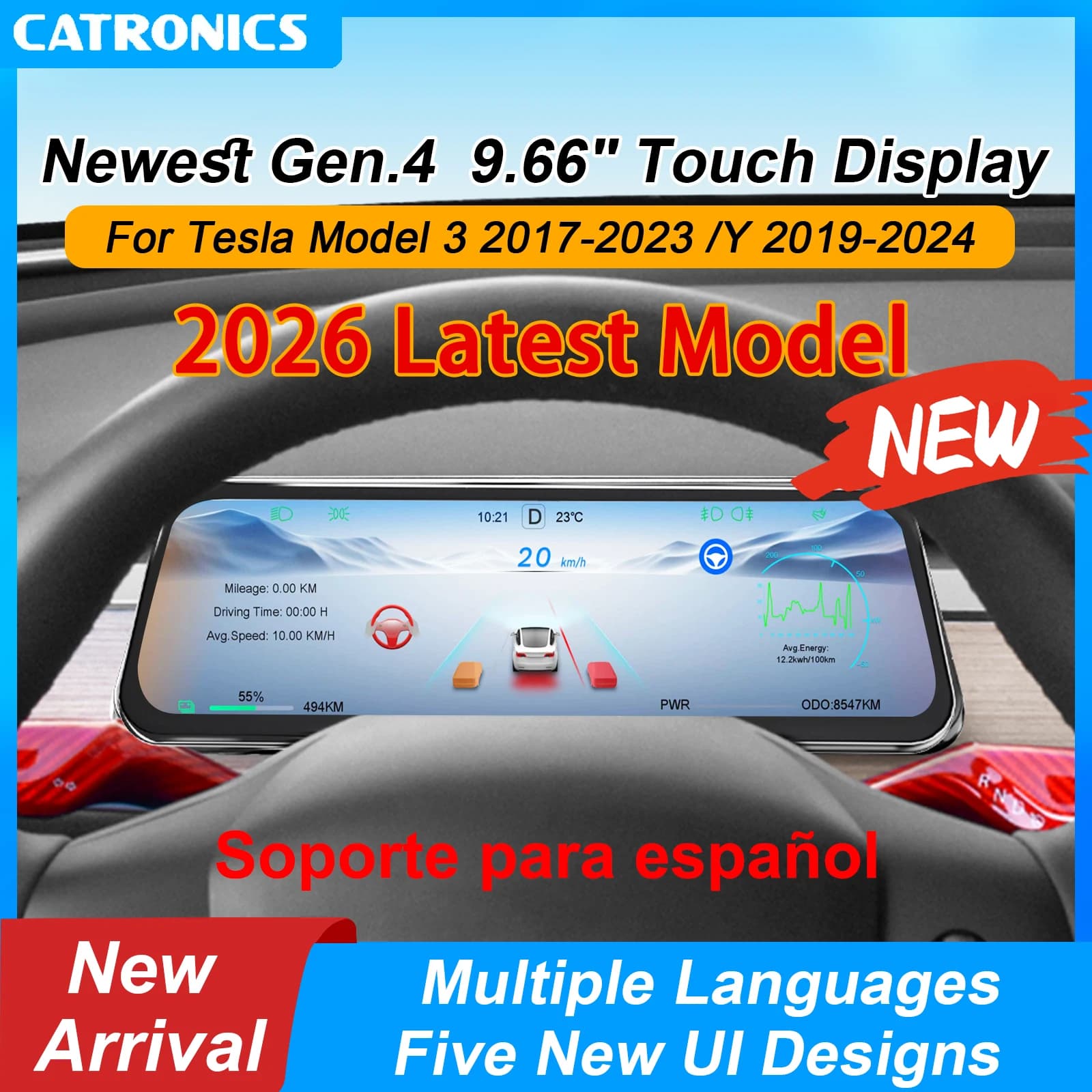 Para pantalla Tesla 9,6 pulgadas nuevo HUD para el modelo 3 2016-2023 y el modelo Y 2020-2024 compatible con múltiples idiomas Cocheplay Android Auto