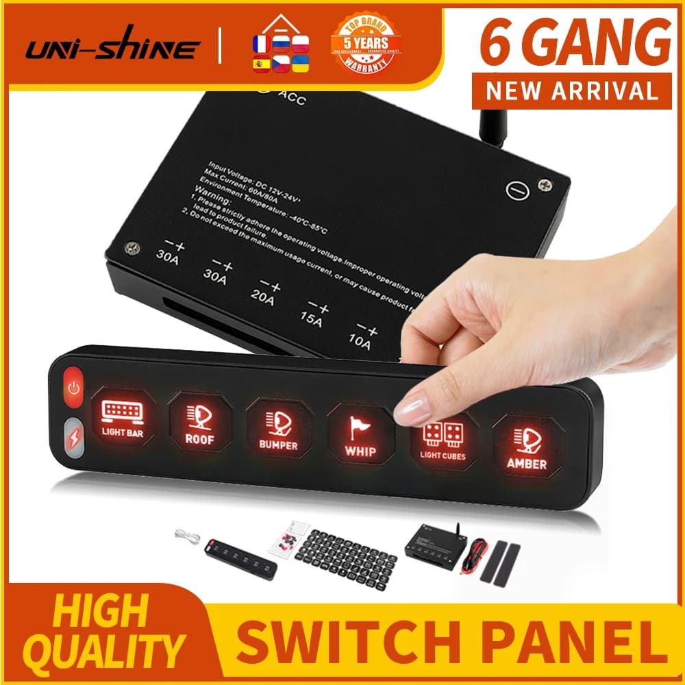 Tesla UNI-SHINE Panel de interruptor inalámbrico de 4/6 entradas, caja de interruptor táctil de 12v y 24V, Control estroboscópico Individual automático Universal para SUV, barco y coche