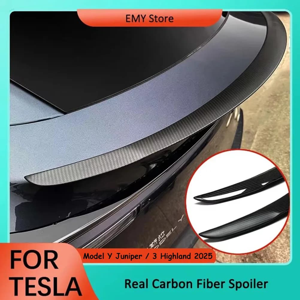 HEENVN Alerón de Fibra de Cochebono 100% Real para Tesla Model Y Juniper 2025-2026, Accesorio de Alto Rendimiento para Maletero del Model 3 Highland