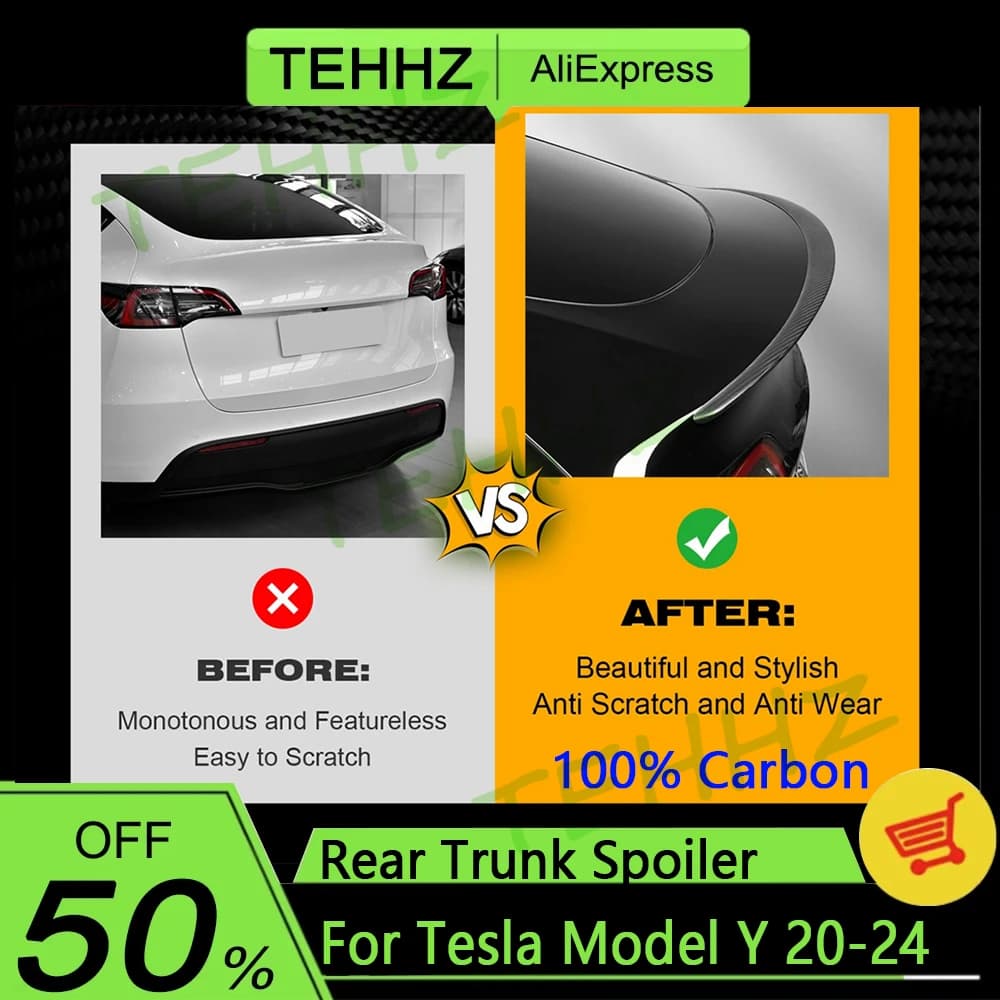 Alerón 100% de fibra de Cochebono Real para Tesla Mode Y 2020-2024, alerón de maletero, accesorios exteriores originales de Cochebono seco Real, piezas de automóvil