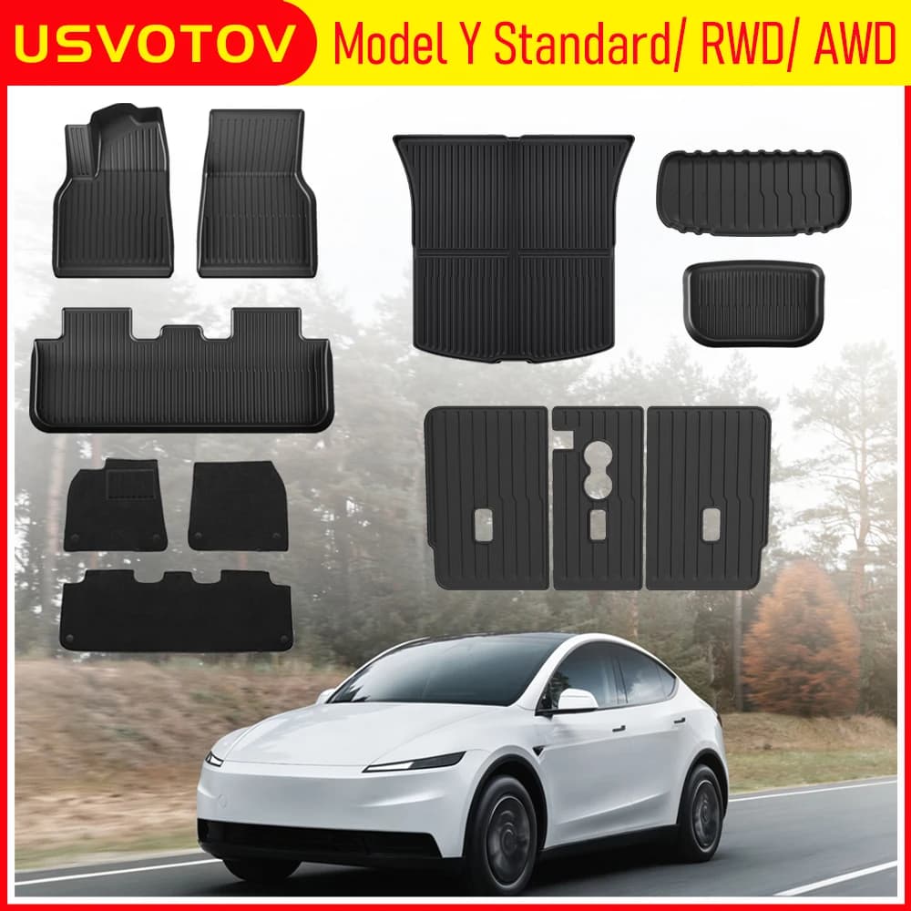 USVOTOV Alfombrillas para Tesla Model Y 2025 2026, Versiones Estándar RWD y AWD, Alfombrillas para Todo Clima, Alfombrillas para Maletero, Protectores de Respaldo, Accesorios para Auto