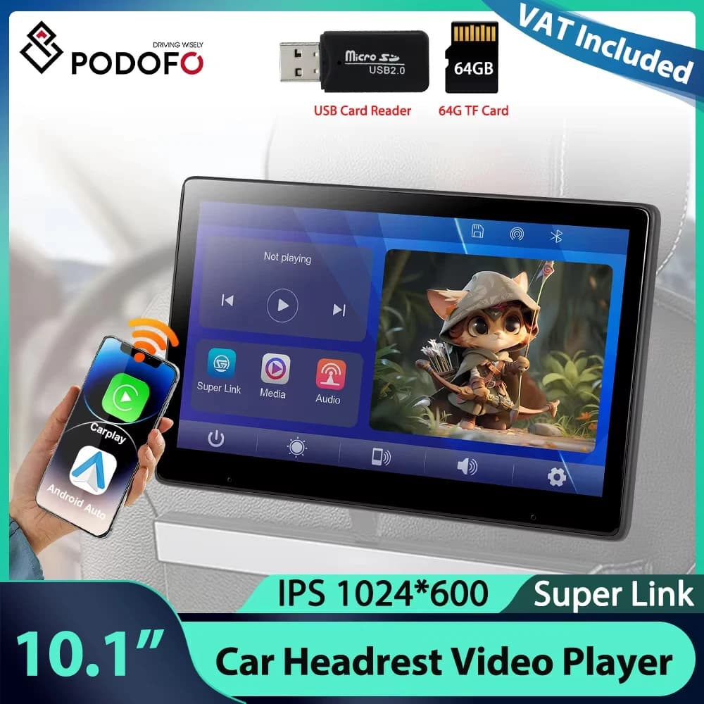 Tesla Podofo Pantalla para Reposacabezas de 9''/10.1'', Reproductor de Video para Reposacabezas de Auto de 64G, Cocheplay, Android Auto, Bluetooth, Control por Voz, Reproductor de Pantalla Inteligente